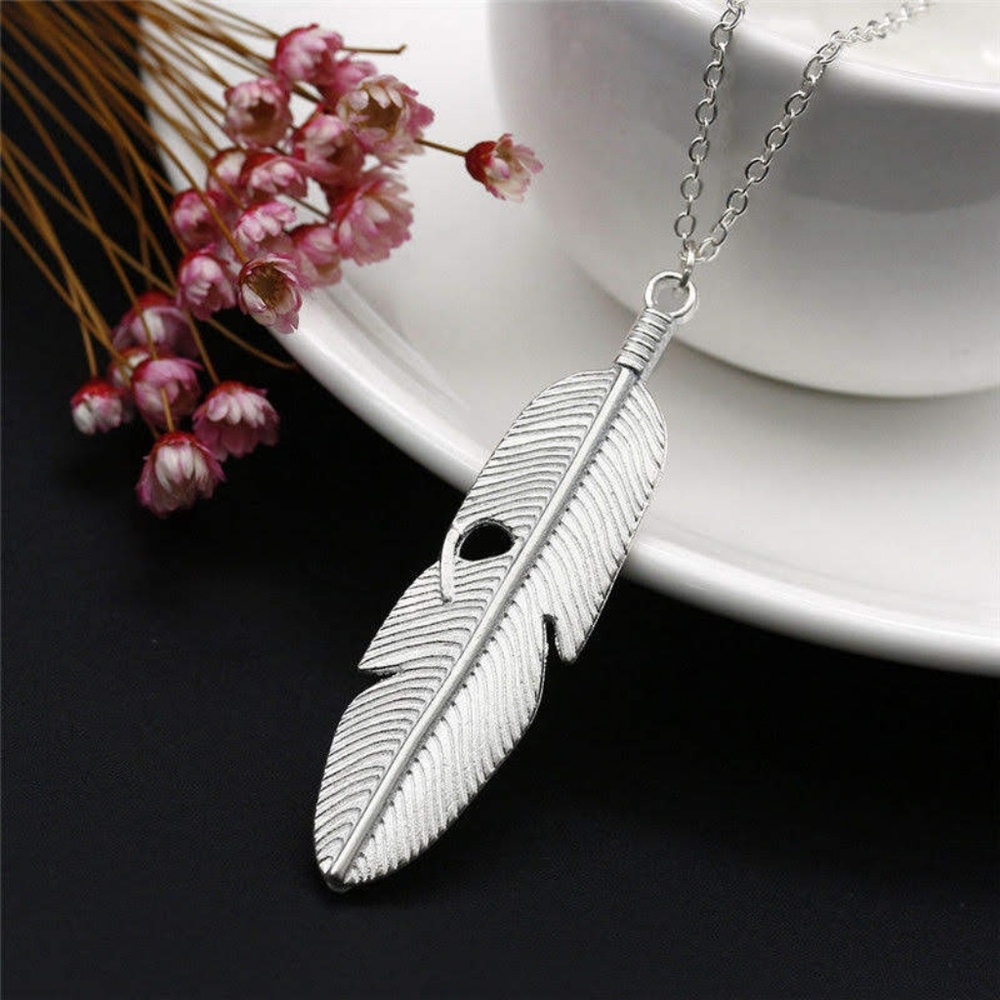 Long SILVER feather necklace - Picture 1 of 4